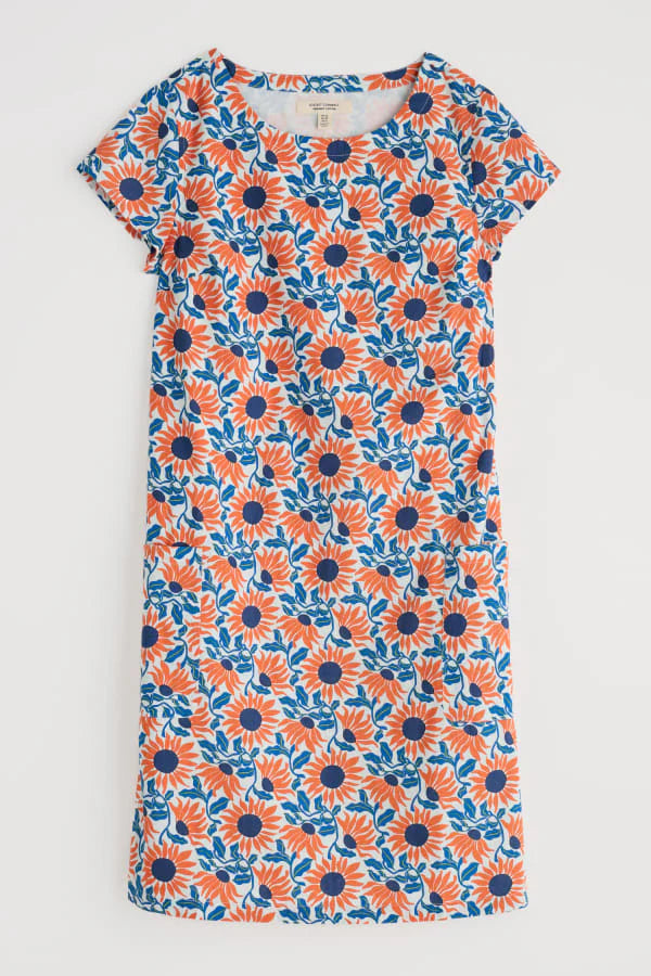 Flat lay of the River Cove Shift cotton Dress by SEASALT in Sunflower print