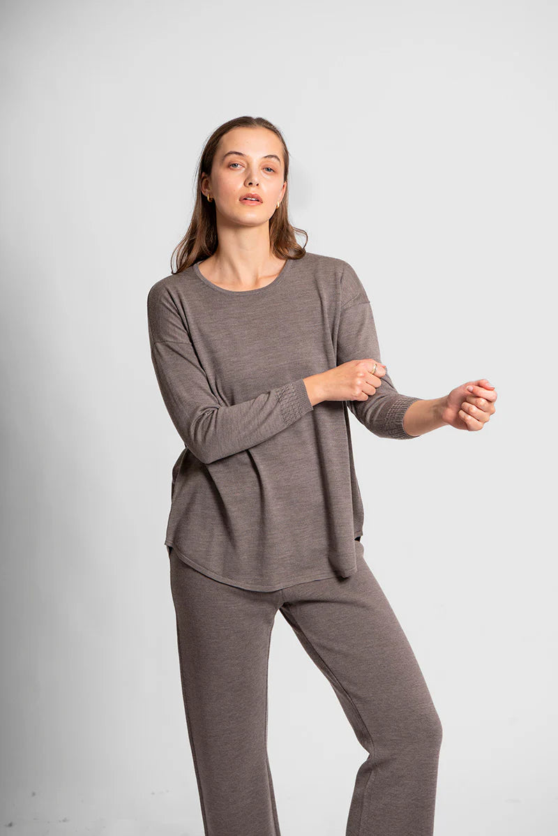 Woman wearing the Bridge and Lord Merino Milano Pants in Latte