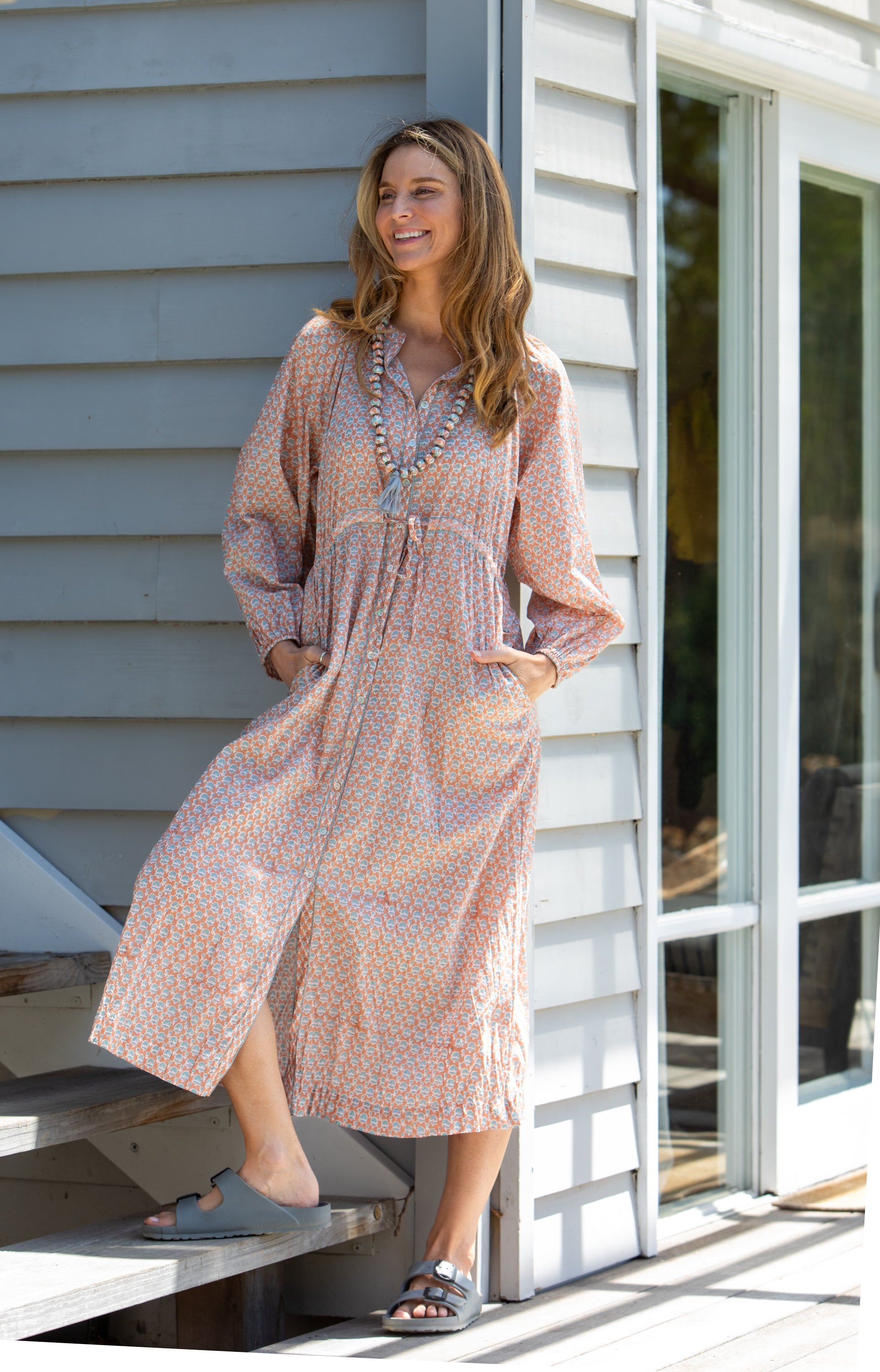 Mandalay Designs by Emma Strauss. Virginia Block print dress in Coral. Organic Cotton - all natural fibres.