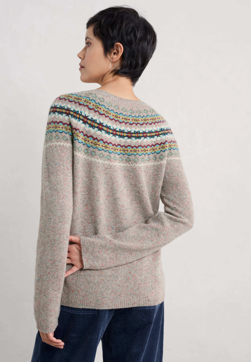 Back view of SEASALT's Buck's Horn Jumper in Harlyn Pink Grass Multi