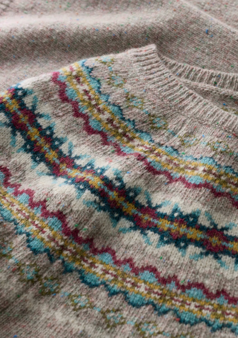 Close up of Fair Isle knit in SEASALT's Buck's Horn Jumper in Harlyn Pink Grass Multi