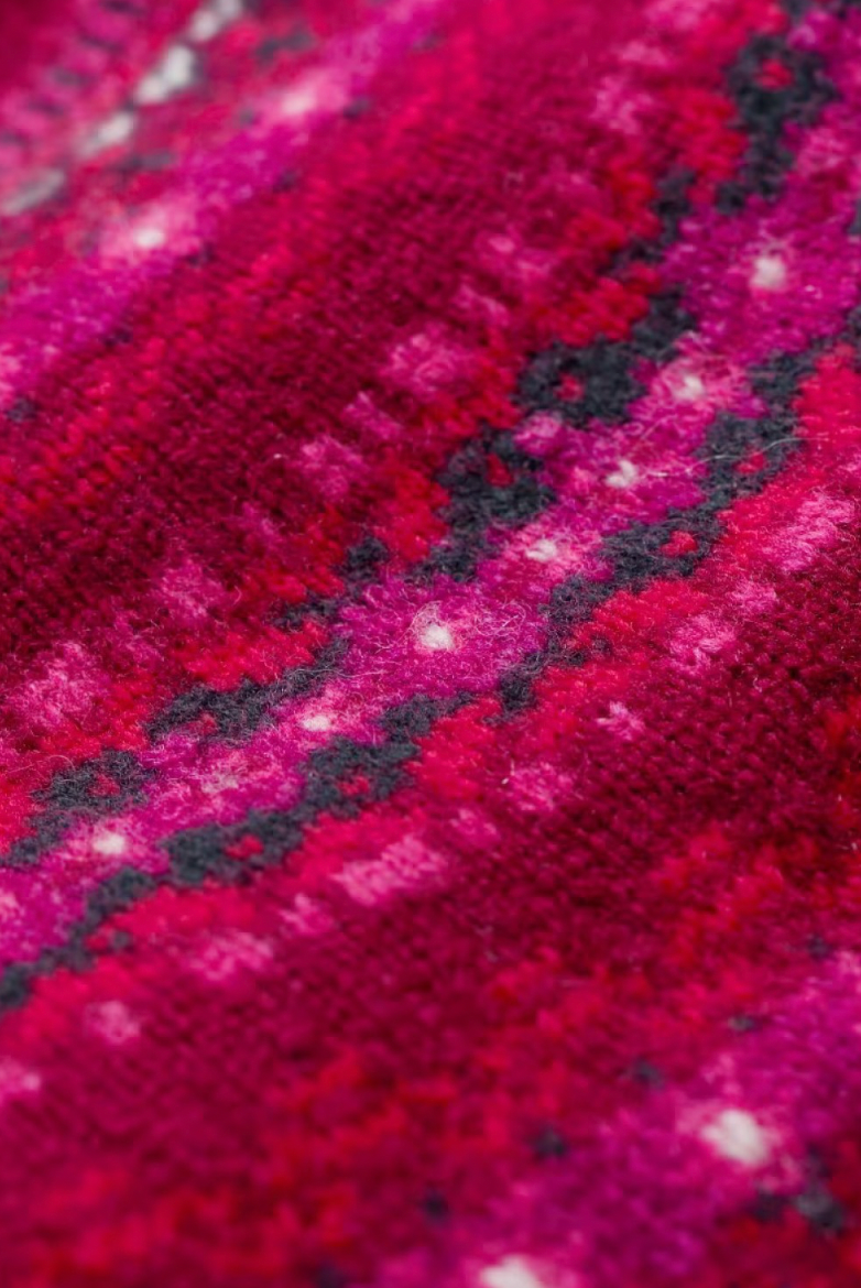 Close up of Fair Isle knit in SEASALT's Buck's Horn Jumper in Well House Dahlia Mix