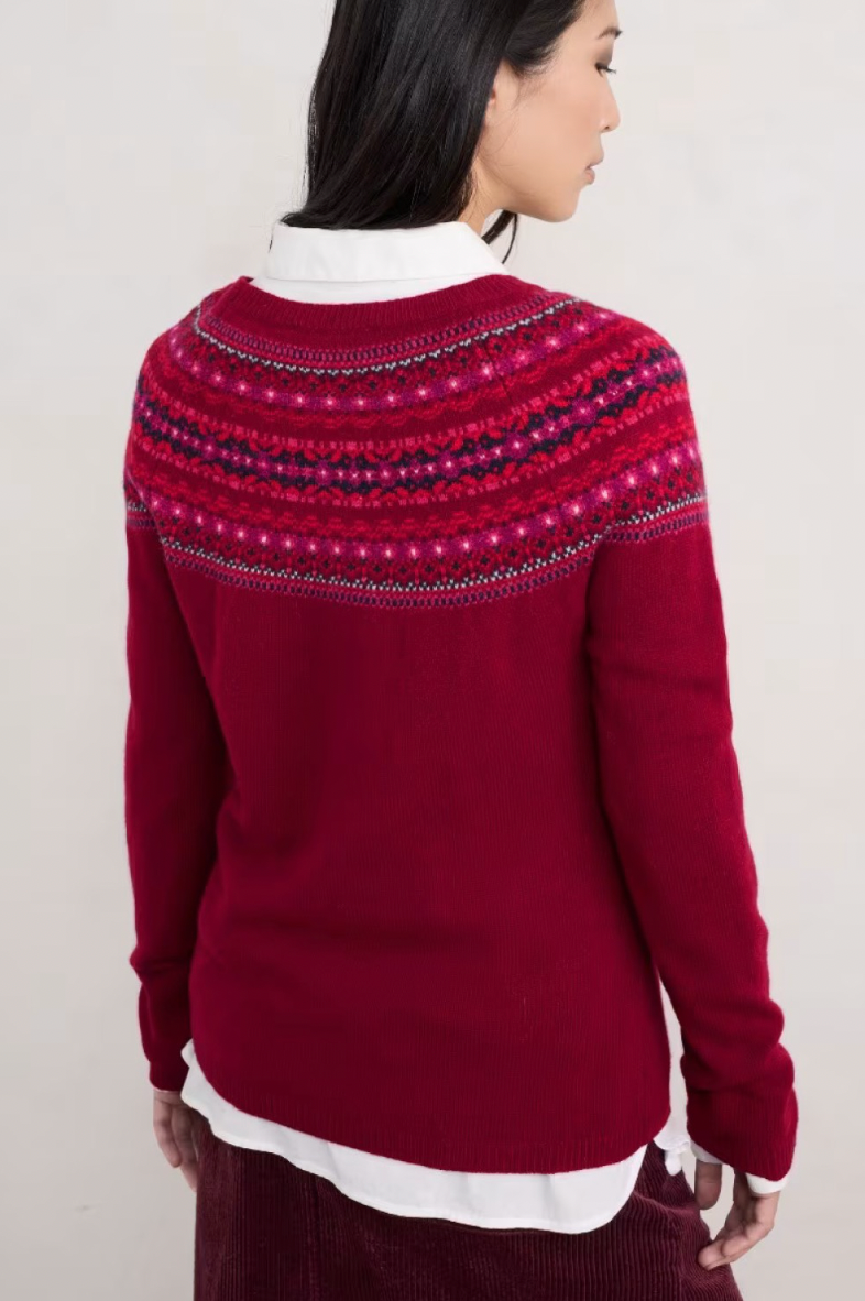 Back view of SEASALT's Fair Isle Buck's Horn Jumper in Well House Dahlia Mix