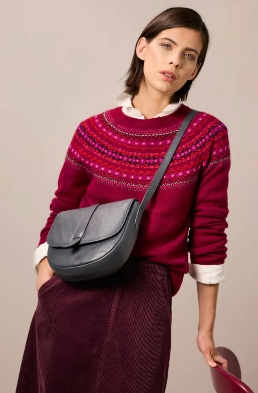 SEASALT's Buck's Horn Jumper in Well House Dahlia Mix styled with pants and bag