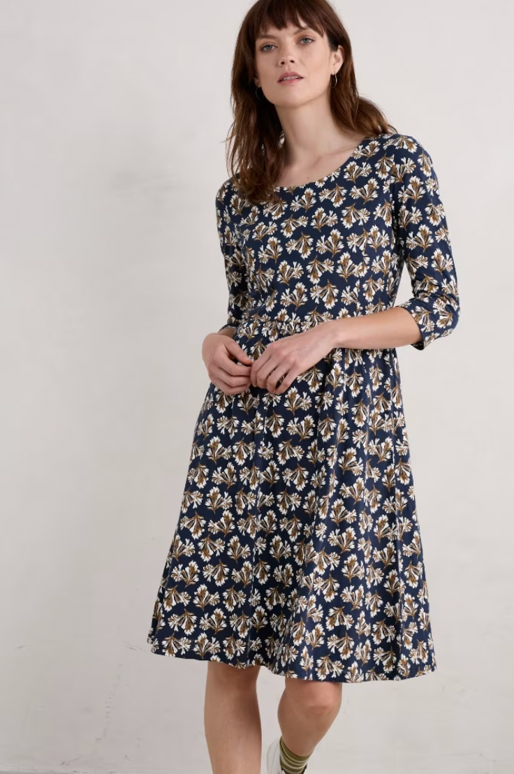 SEASALT's Enor 3/4 Sleeve Dress in Printed Seaweed Maritime