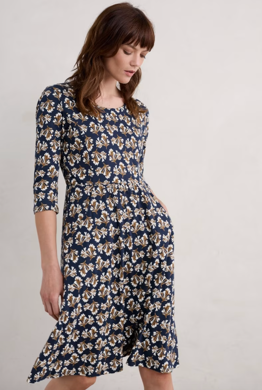 SEASALT's Enor 3/4 Sleeve Dress in Printed Seaweed Maritime