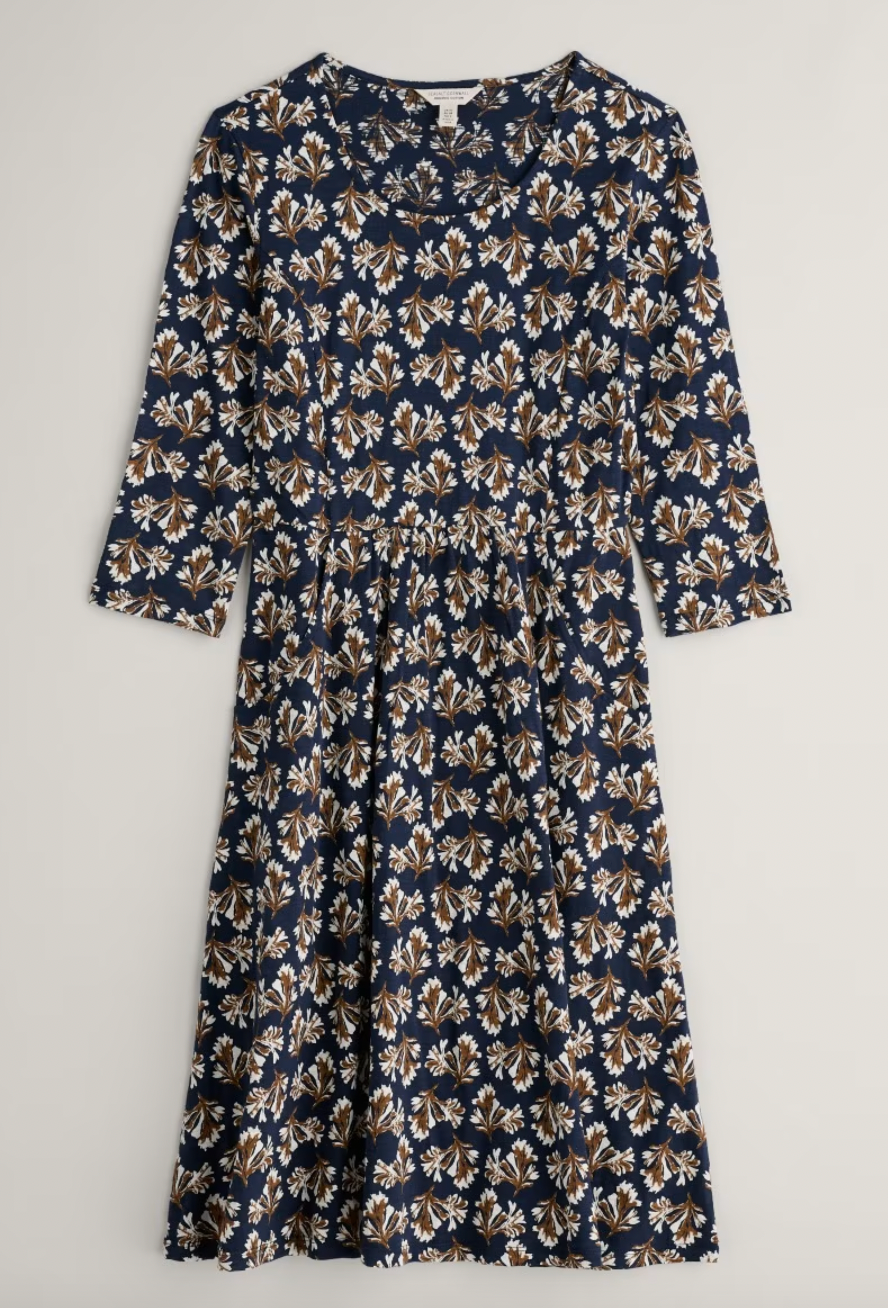 SEASALT's Enor 3/4 Sleeve Dress in Printed Seaweed Maritime, flat lay of dress