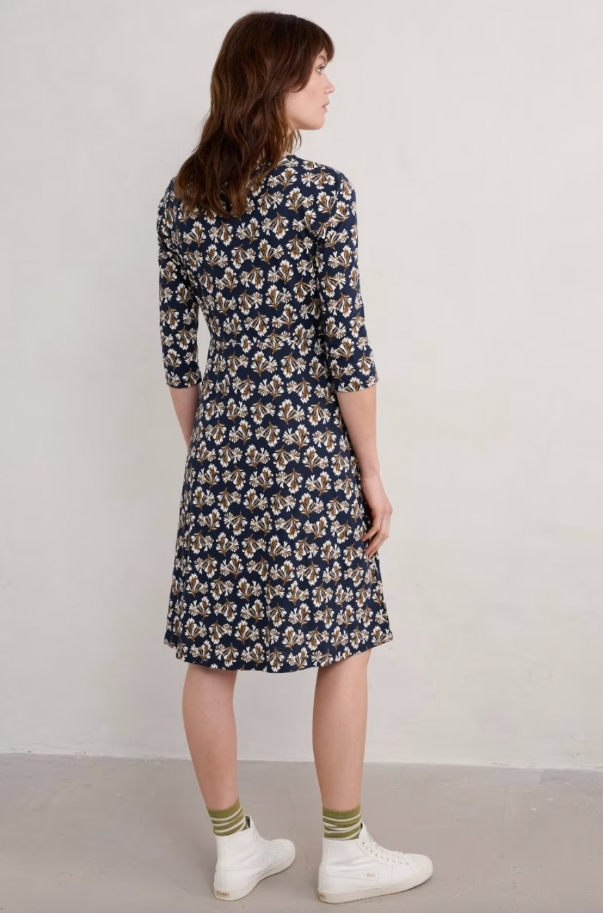 SEASALT's Enor 3/4 Sleeve Dress in Printed Seaweed Maritime, back view of garment