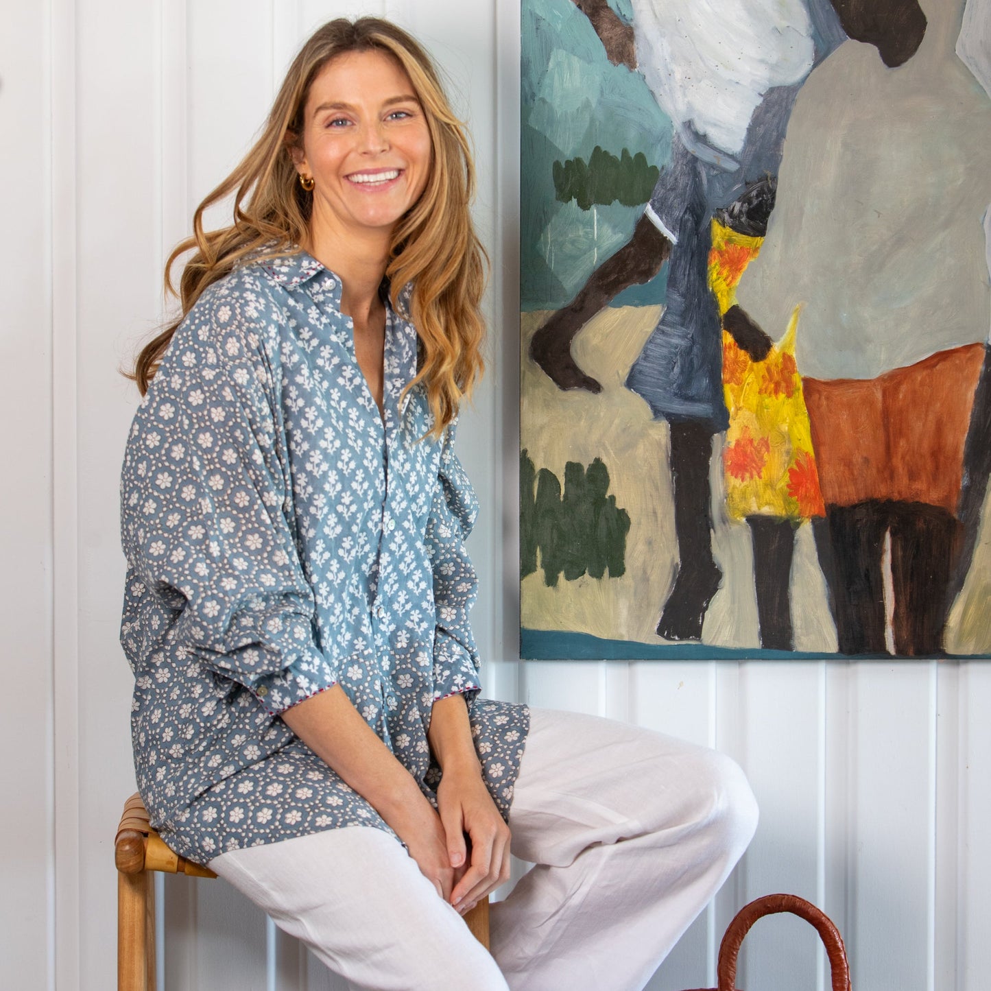 Woman wearing the Window Pane cotton shirt by Mandalay designs in blue