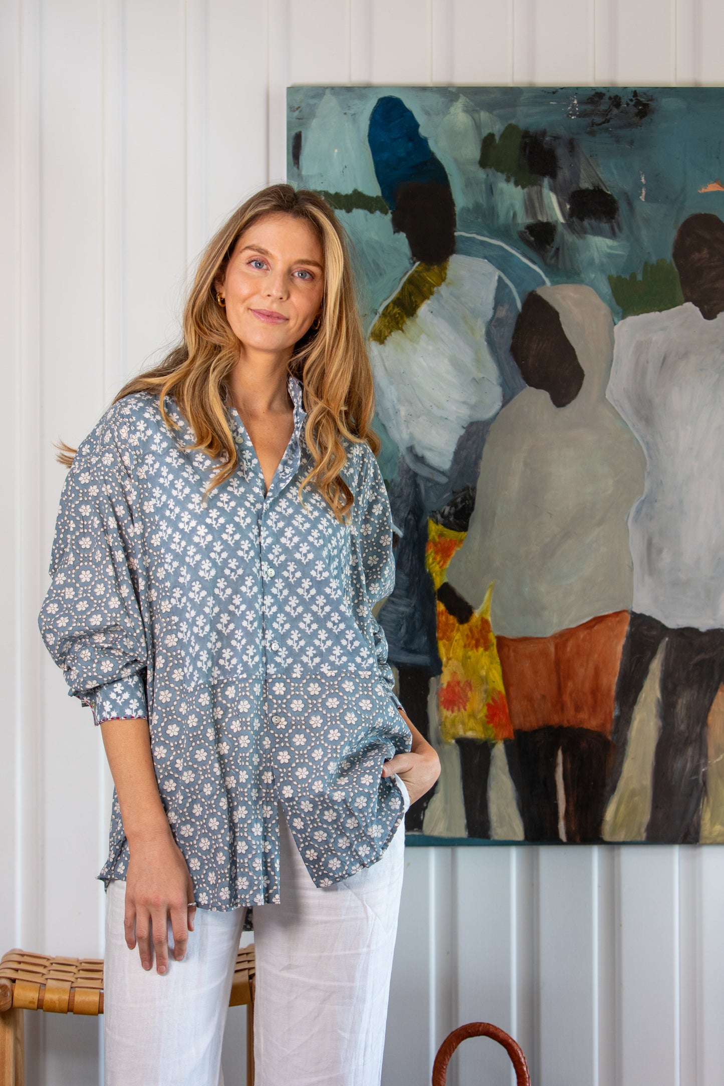 Woman wearing the Window Pane cotton shirt by Mandalay designs in blue