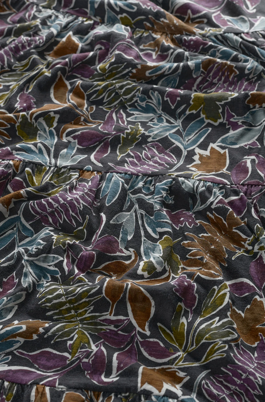 Close up of floral print in SEASALT's Line Strokes Dress in Inked Foliage Onyx