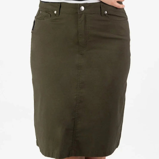 Woman wearing the cotton poplin skirt in khaki green by Vassalli