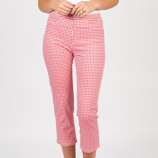 Woman wearing the printed pull on cotton pants in red gingham by Vassalli
