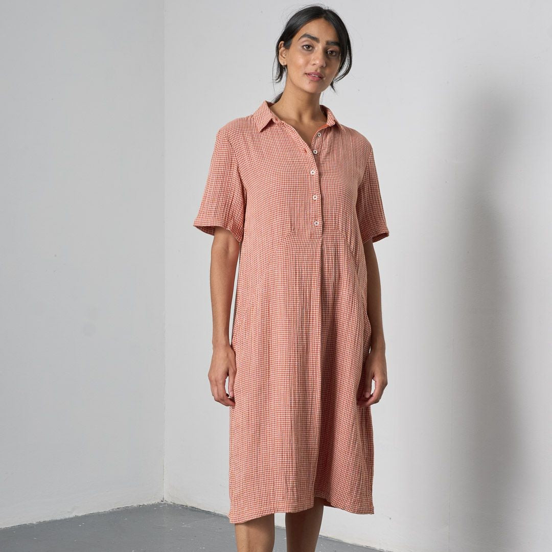 Bibico Alexa Dress Rust Off White Little Check Front View Berrimas Overflow