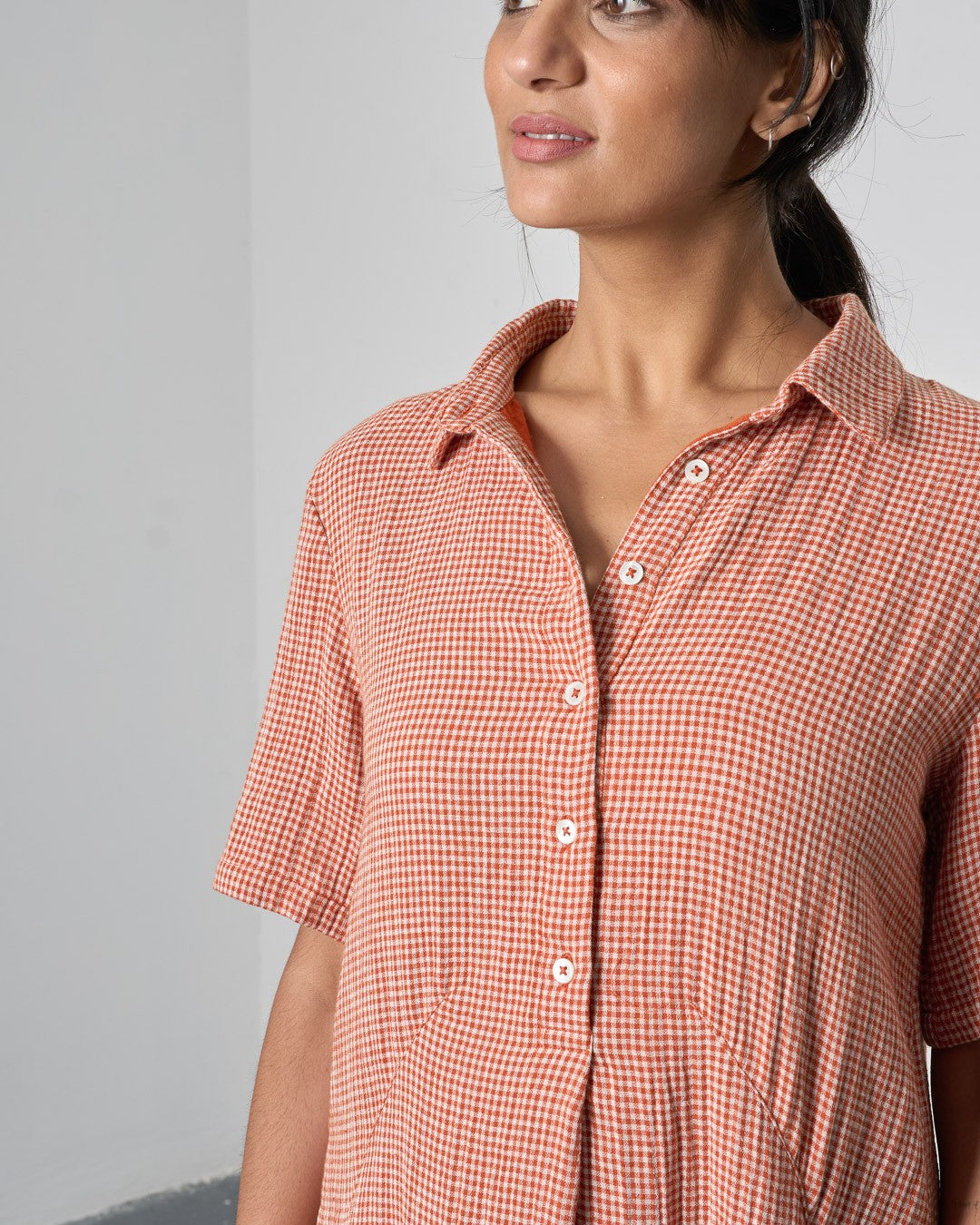 Bibico Alexa Dress Rust Off White Little Check Close Up Berrimas Overflow