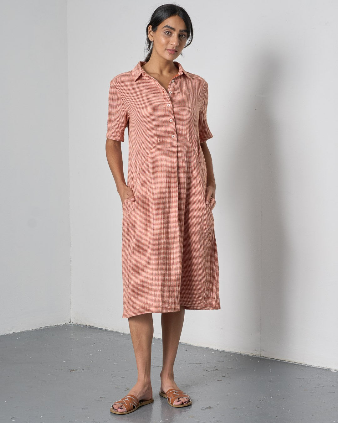 Bibico Alexa Dress Rust Off White Little Check Front View Berrimas Overflow