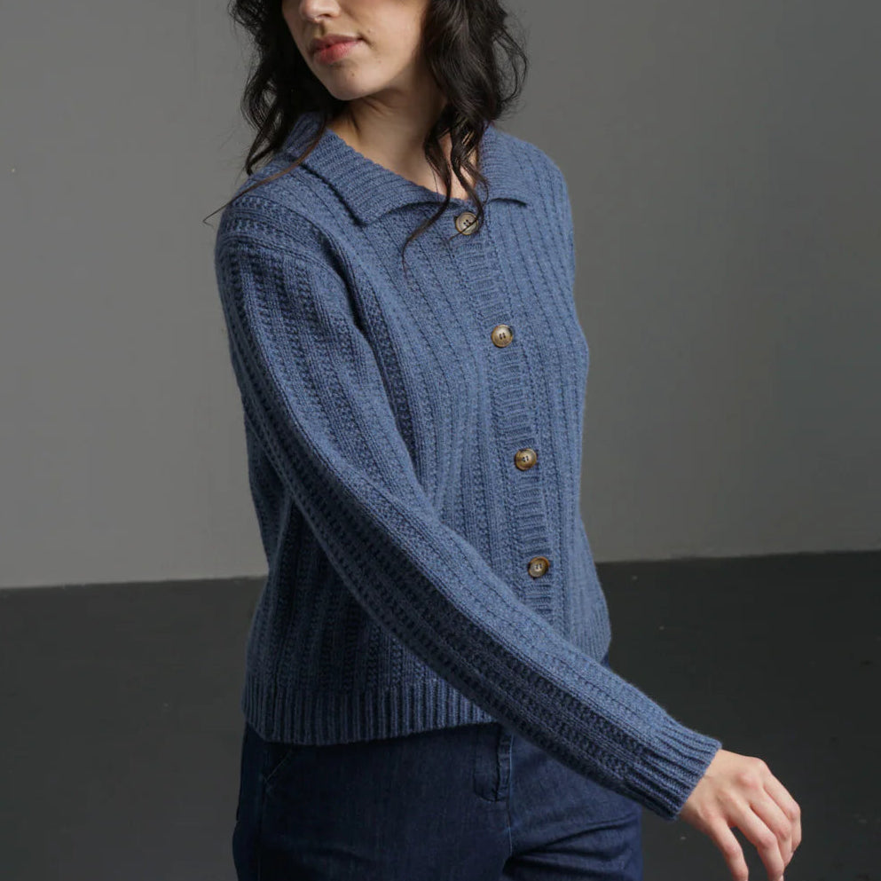 100% wool women's cardigan in blue.