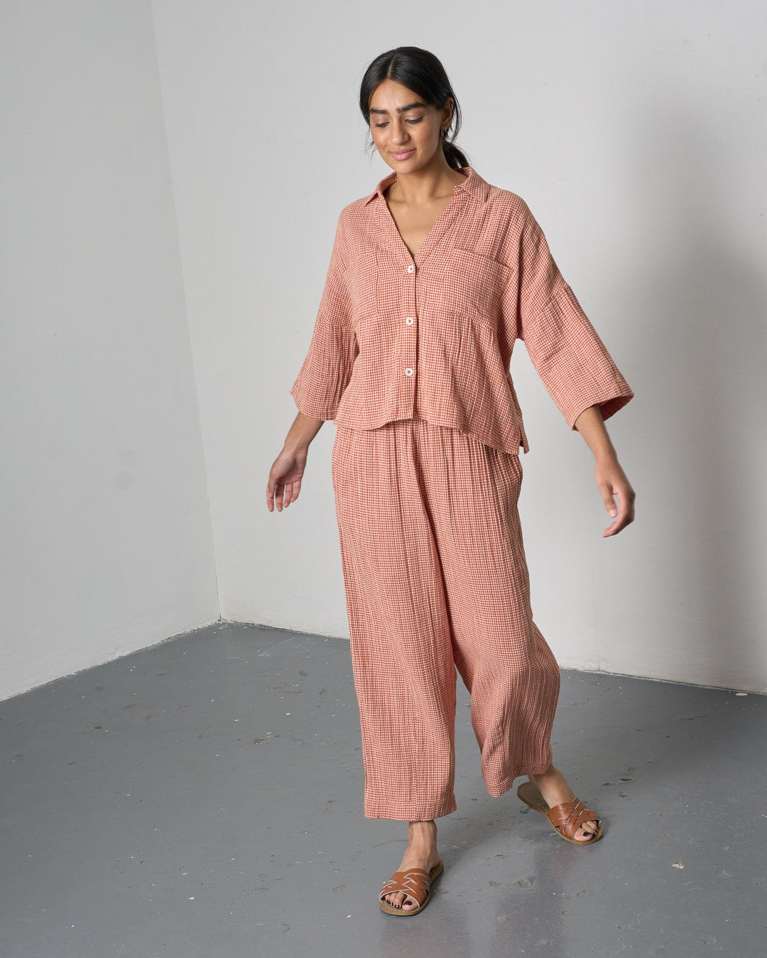 Bibico Clara Tapered Trousers Little Check Rust Front View Berrimas Overflow