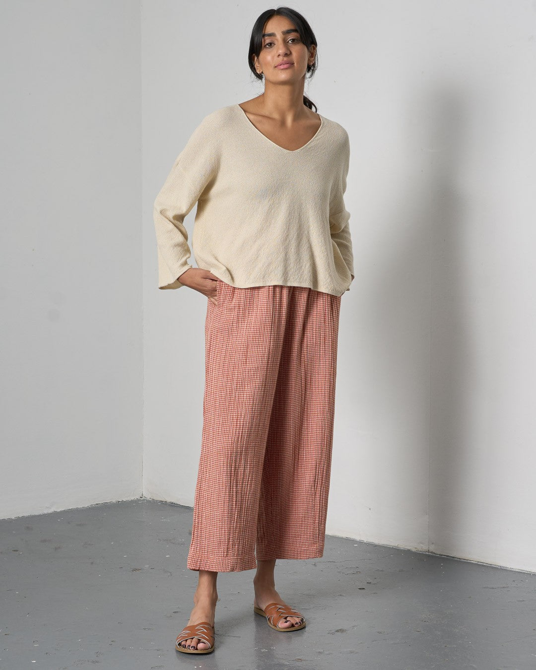 Bibico Clara Tapered Trousers Little Check Rust Front View Berrimas Overflow