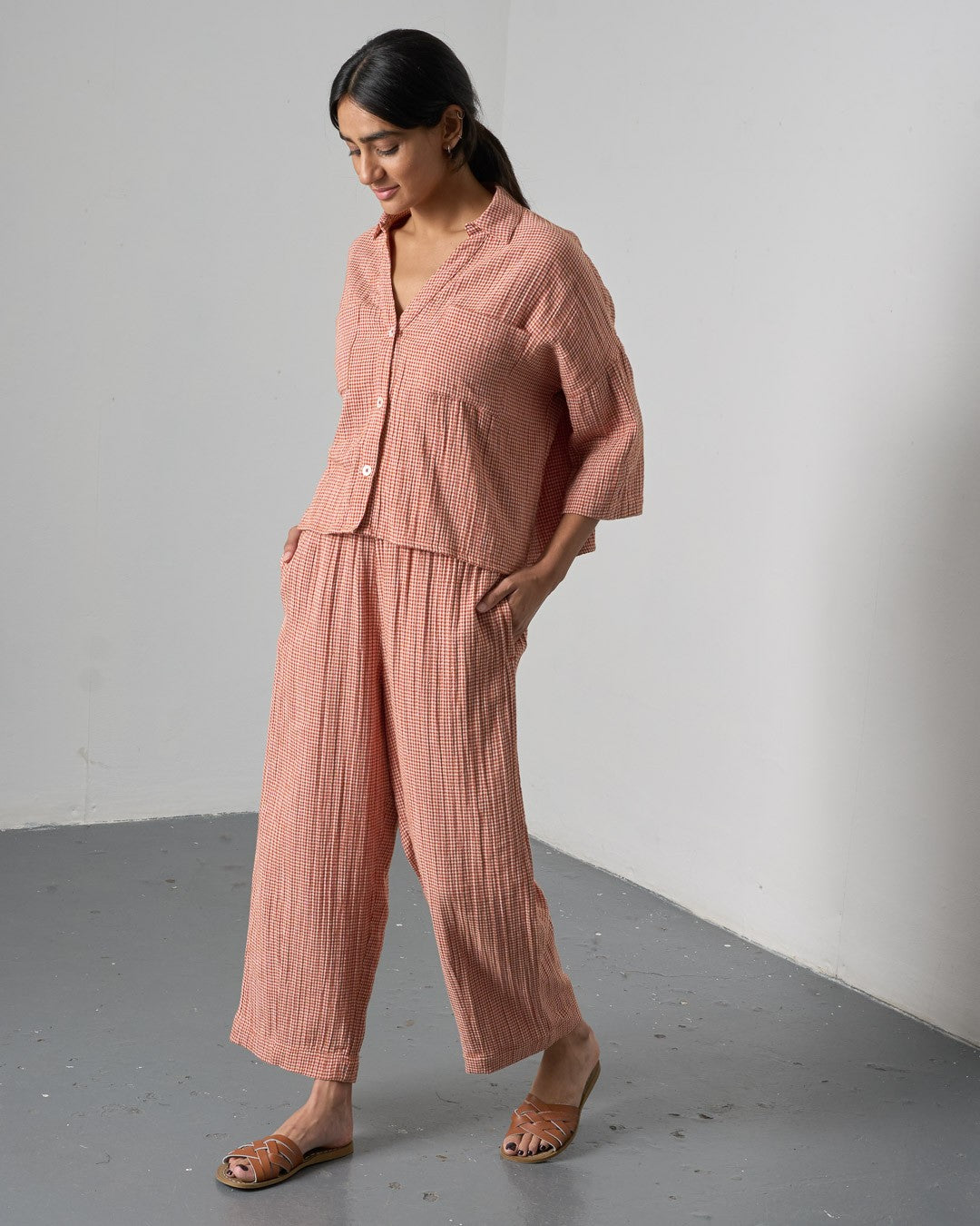 Bibico Clara Tapered Trousers Little Check Rust Side View Berrimas Overflow