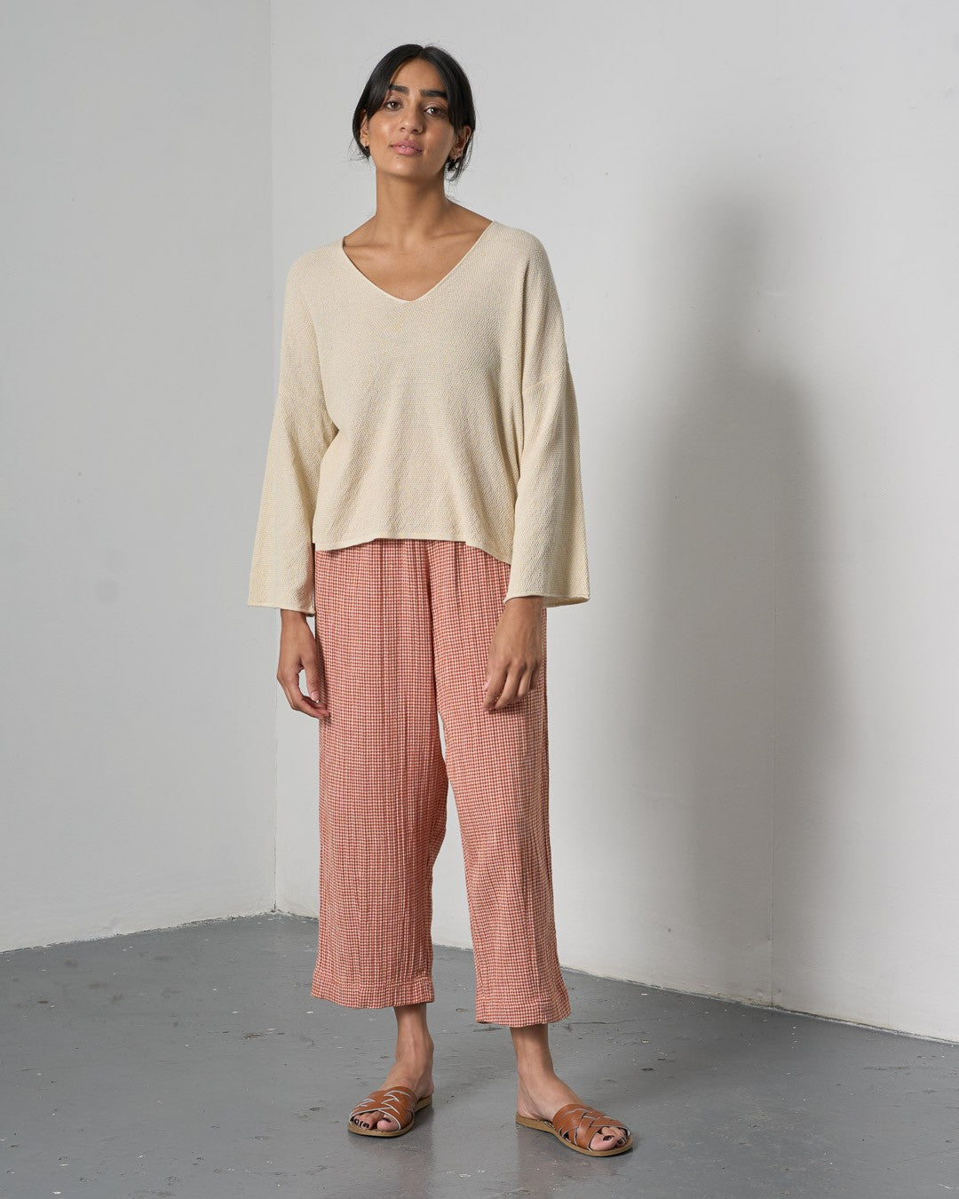 Bibico Clara Tapered Trousers Little Check Rust Front View Berrimas Overflow