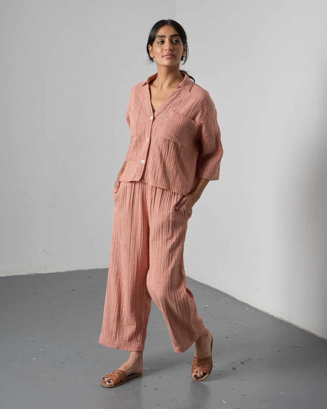 Bibico Clara Tapered Trousers Little Check Rust Front View Berrimas Overflow