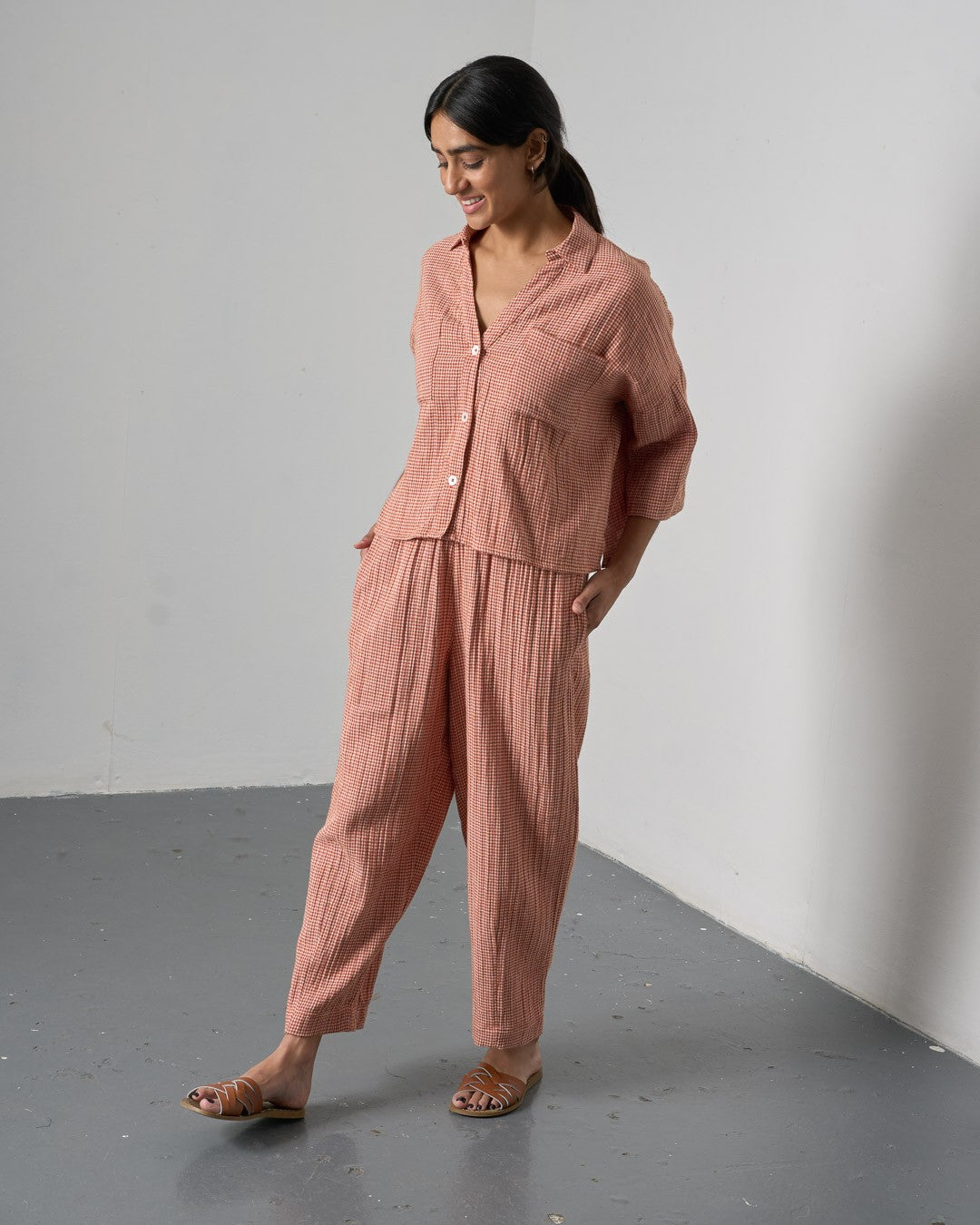 Bibico Clara Tapered Trousers Little Check Rust Side View Berrimas Overflow