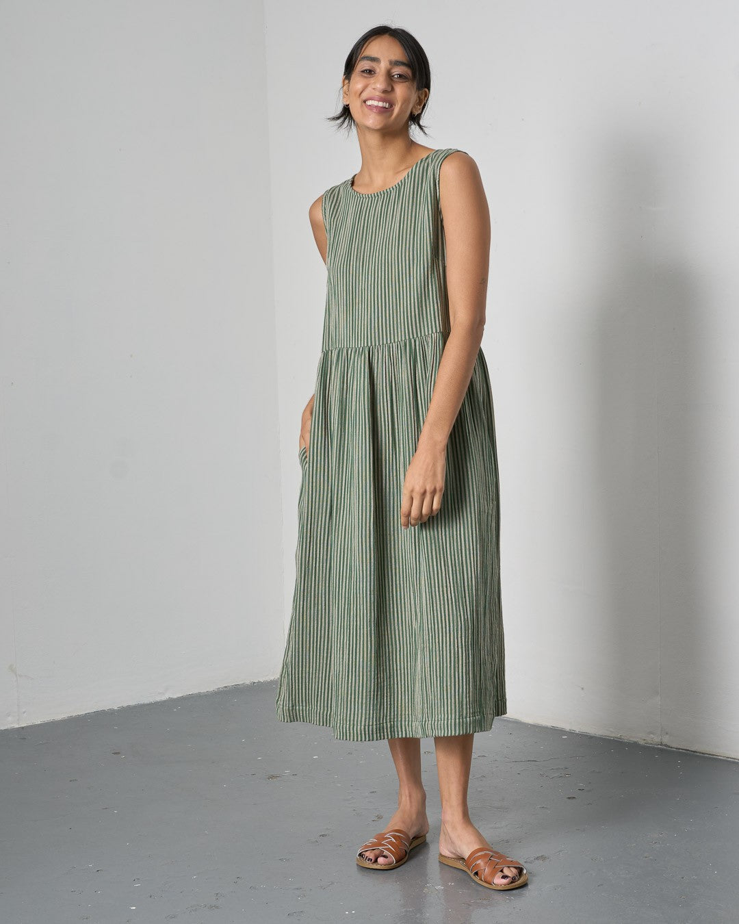 Bibico Elaine Midi Dress Double Gauze Stripe Green Front View Berrimas Overflow