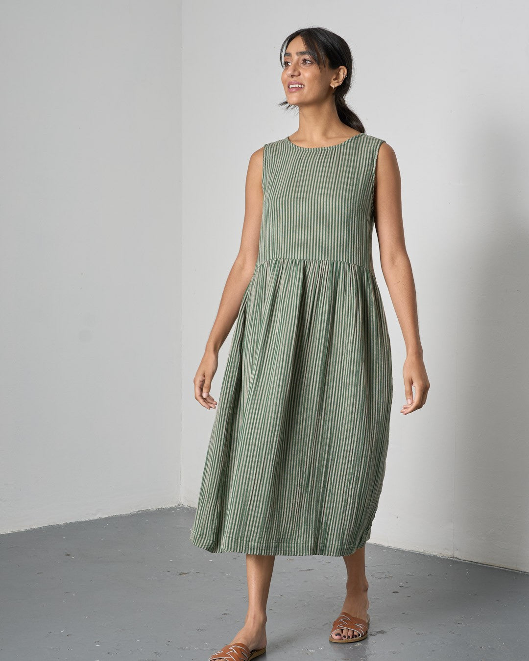 Bibico Elaine Midi Dress Double Gauze Stripe Green Front View Berrimas Overflow