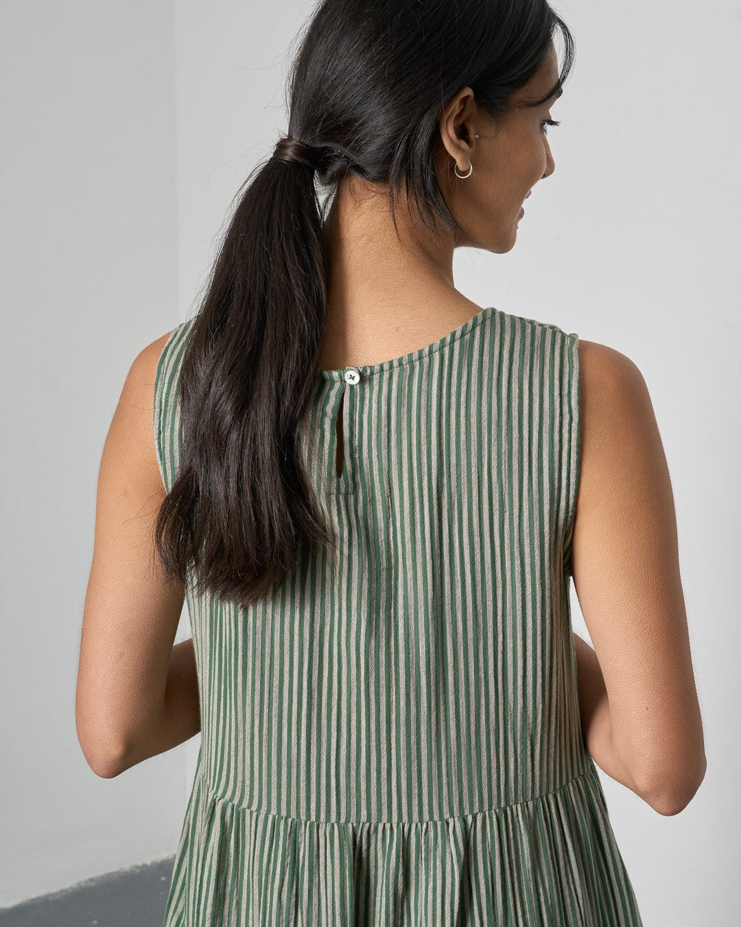 Bibico Elaine Midi Dress Double Gauze Stripe Green Back View Berrimas Overflow