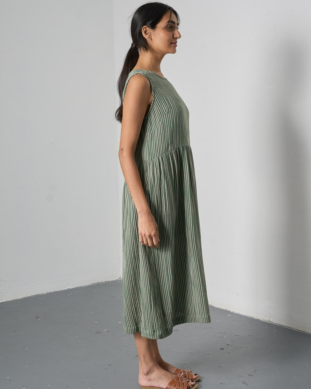 Bibico Elaine Midi Dress Double Gauze Stripe Green Side View Berrimas Overflow