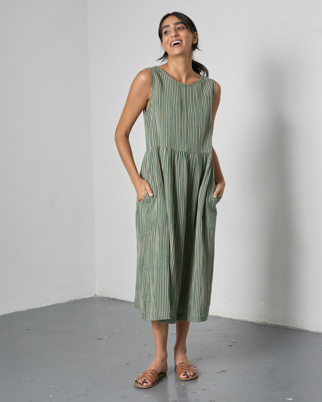 Bibico Elaine Midi Dress Double Gauze Stripe Green Front View Berrimas Overflow