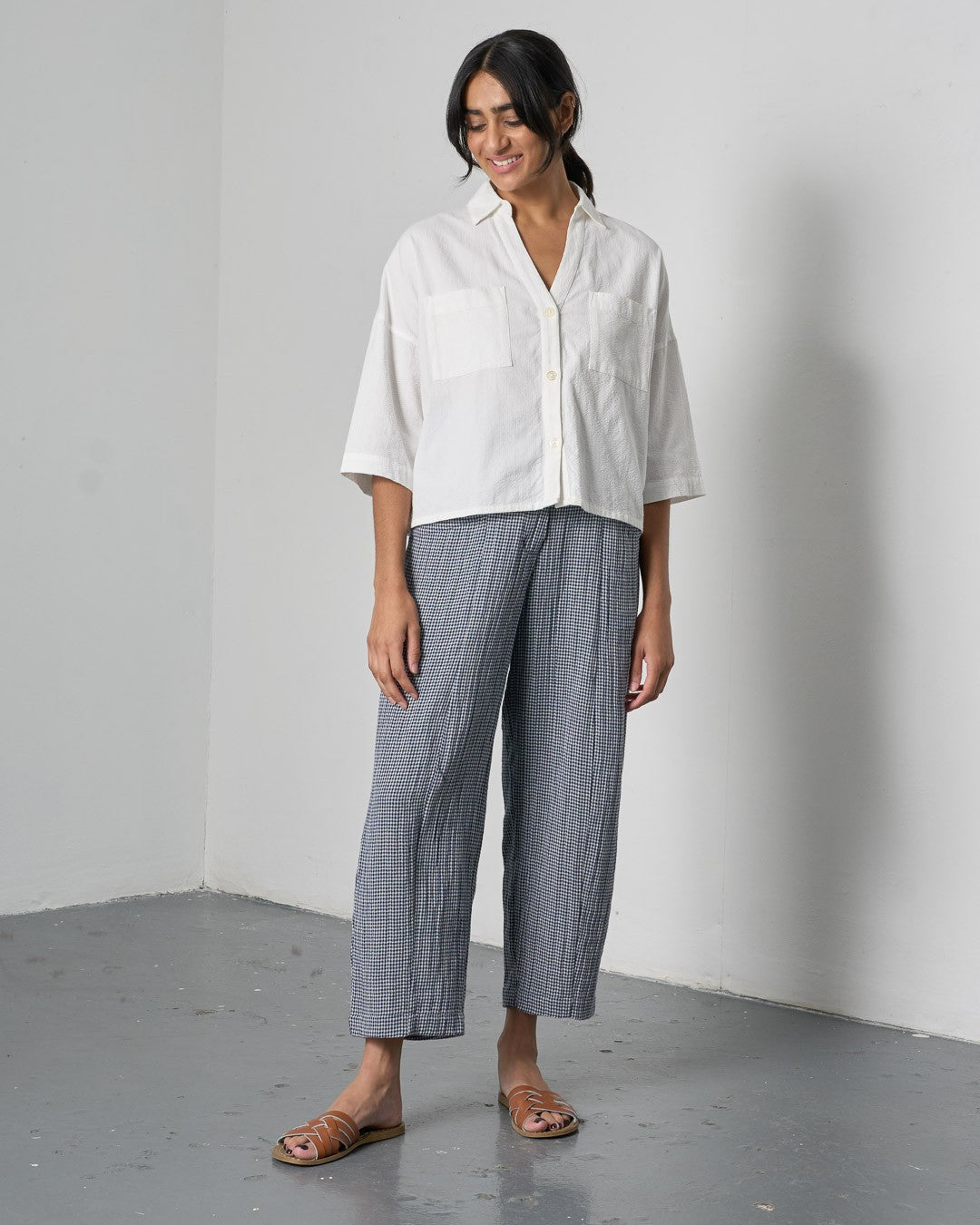 Bibico Lorren Trousers Navy Little Check Front View Berrimas Overflow