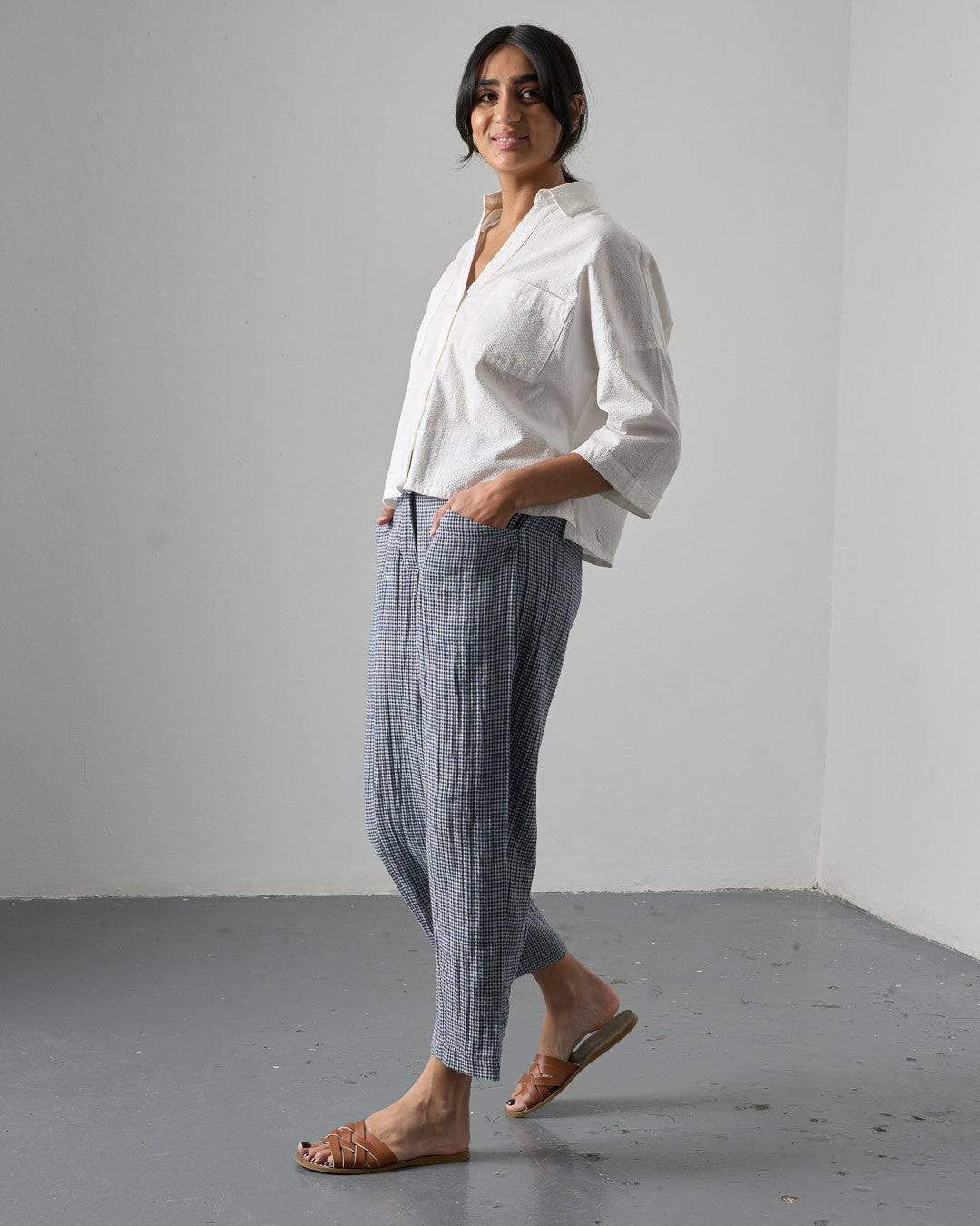 Bibico Lorren Trousers Navy Little Check Side View Berrimas Overflow