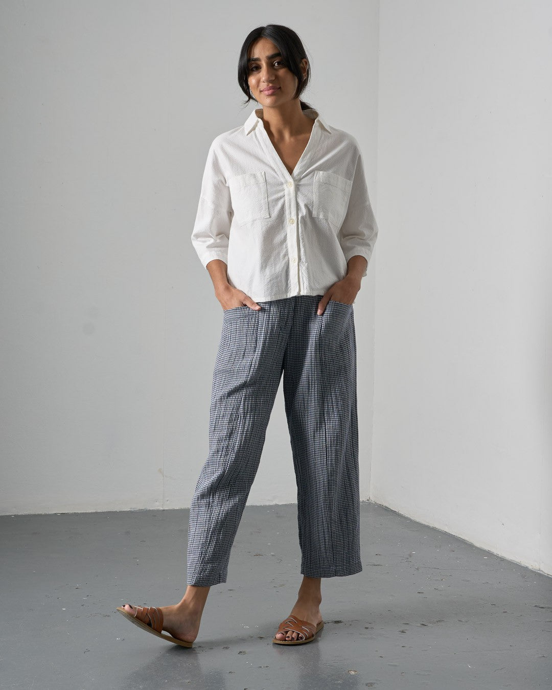 Bibico Lorren Trousers Navy Little Check Front View Berrimas Overflow