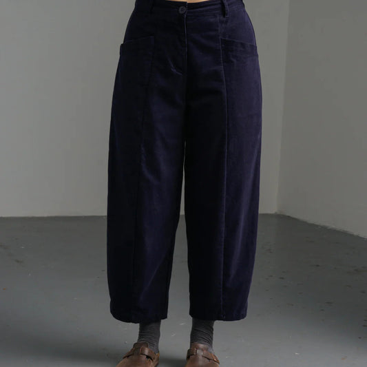 Quality cotton navy cord pants for women from Bibico. Barrel leg.