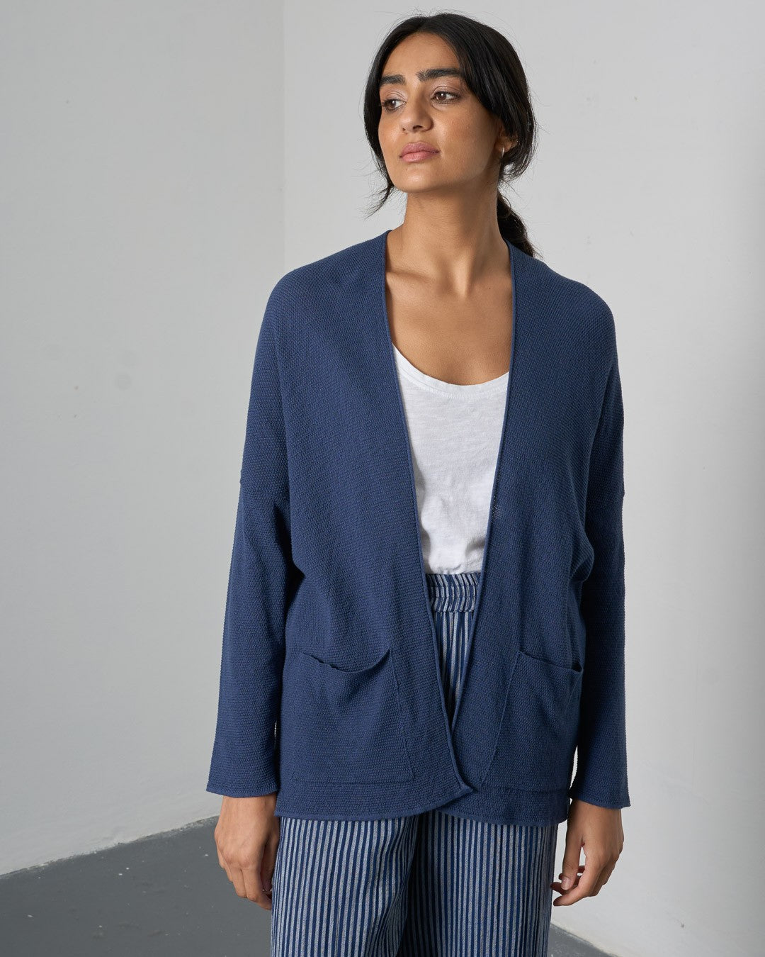 Bibico Rosie Edge To Edge Cardi Navy Front View Berrimas Overflow