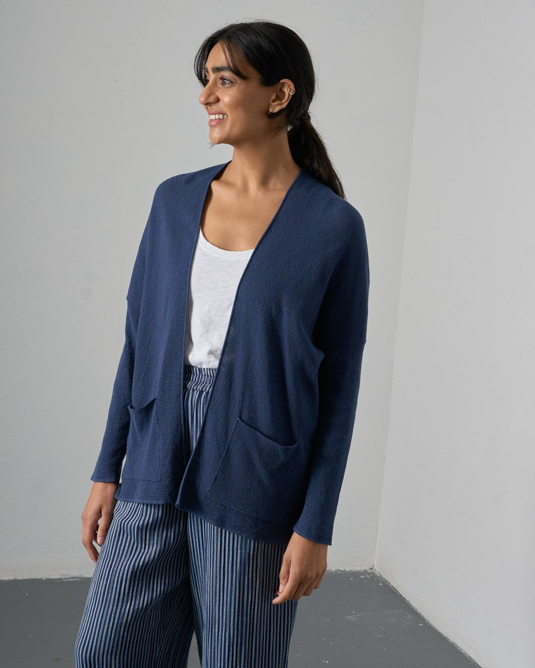 Bibico Rosie Edge To Edge Cardi Navy Front View Berrimas Overflow