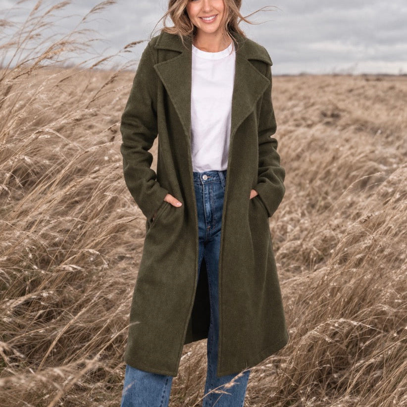 Women’s boiled wool coat in green olive