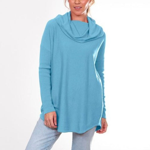 Bridge and Lord long cowl jumper in merino wool and cashmere. Electric blue. Style Kylie 