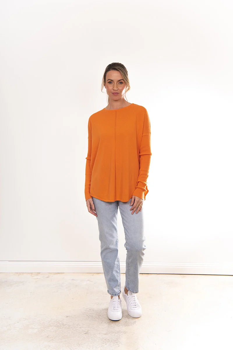 Curved Hem Crew Pullover - Papaya