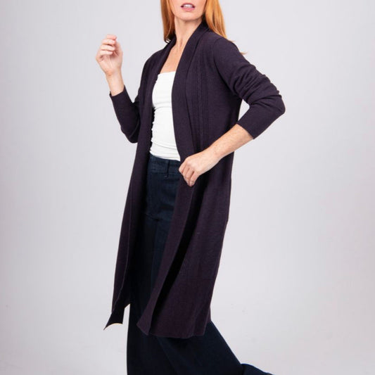 Bridge and L9ord Long cardigan Plum. Merino wool and cashmere.