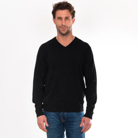 Mens black vee neck jumper. Australian merino wool and cashmere.