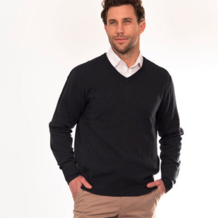 Mens vee neck jumper in dark grey. Bridge and Lord. Australian Merino Wool and Cashmere.