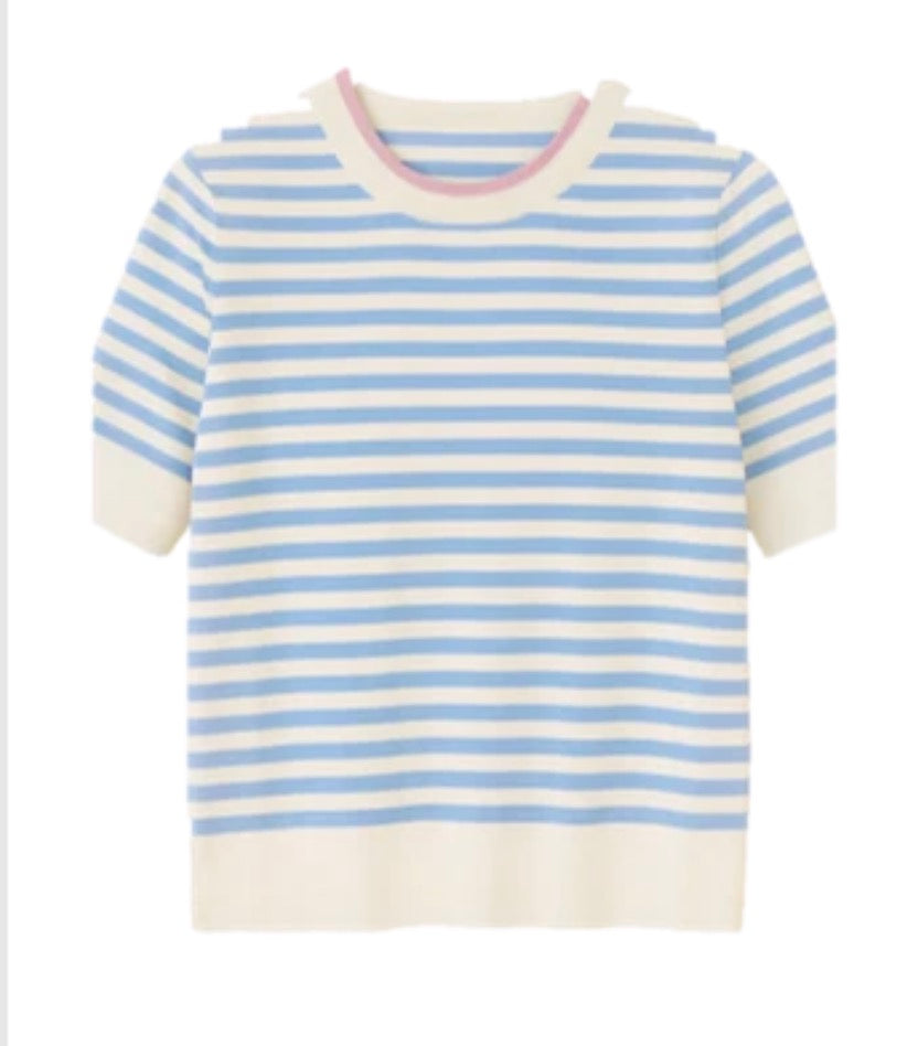 Bridge & Lord - Stripe Tee With Tipping - Sky/Ivory