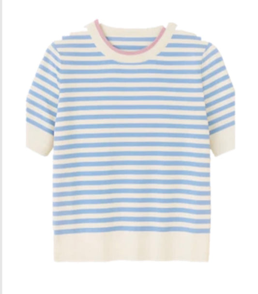 Bridge & Lord - Stripe Tee With Tipping - Sky/Ivory