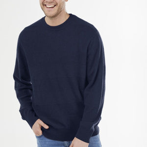 Bridge and Lord men's crew neck jumper with subtle stripe in Navy.