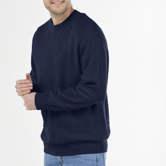 Men's merino wool sweater in Navy from Bridge and Lord.