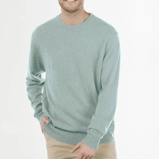 Mens Bridge and Lord crew neck jumpe in sage. Australian Merino wool and cashmere.