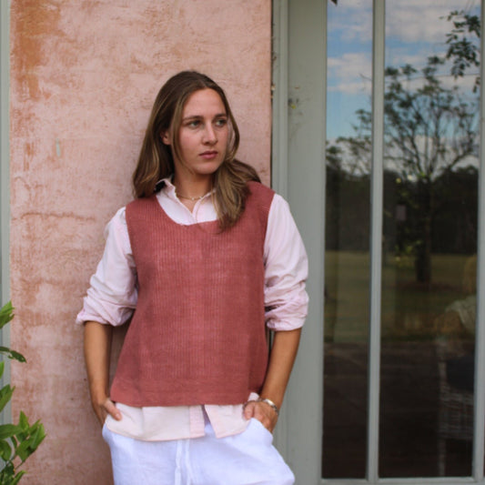 Bridge and Lord back Buttoned Vest in terracotta.